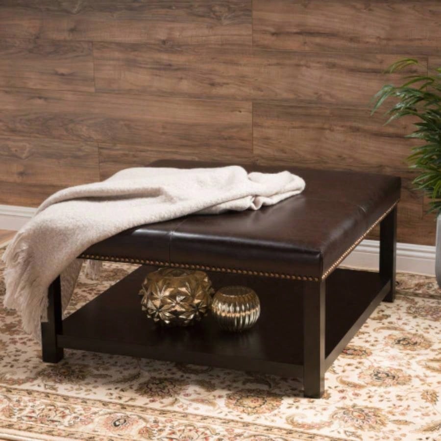 Large Square Ottoman, faux leather Coffee Table Ottoman with rack Solid Wood, Oversized Ottoman Living Room