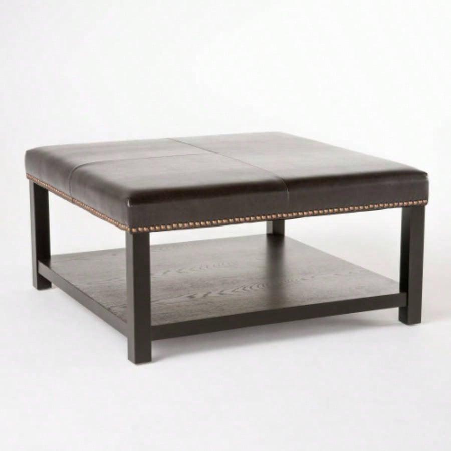 Large Square Ottoman, faux leather Coffee Table Ottoman with rack Solid Wood, Oversized Ottoman Living Room