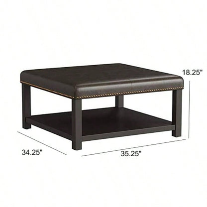 Large Square Ottoman, faux leather Coffee Table Ottoman with rack Solid Wood, Oversized Ottoman Living Room