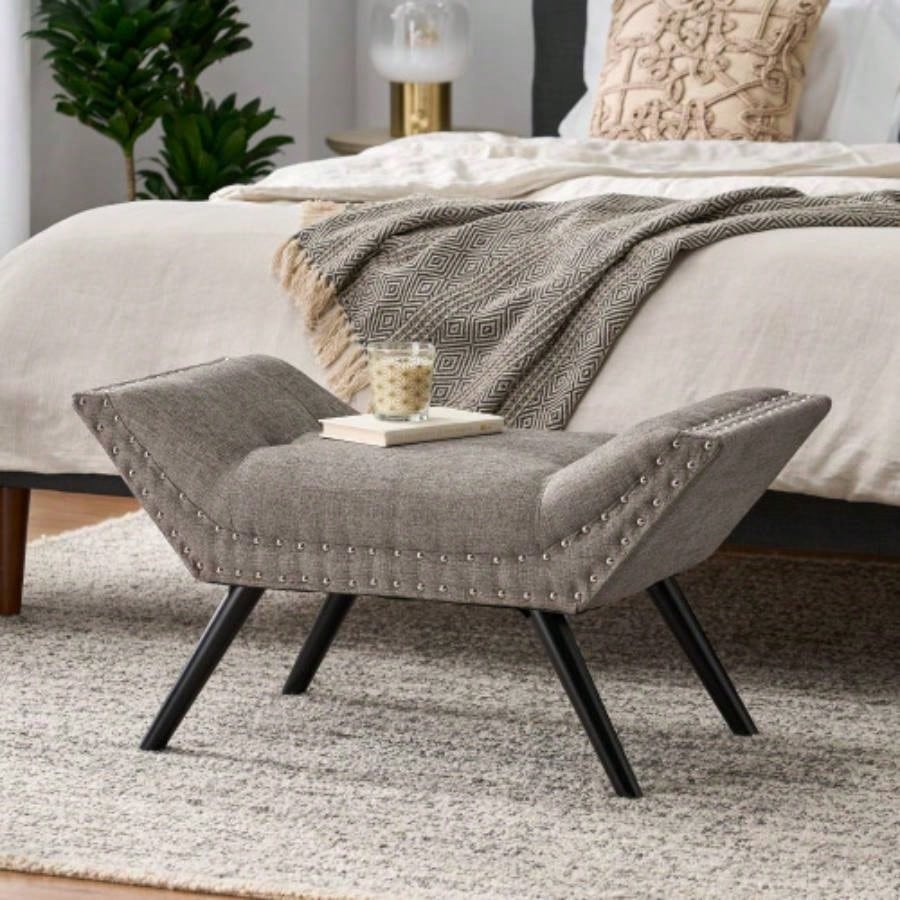 Modern Button Tufted Sitting, Accent Fabric Upholstered Ottoman Bedroom or Living Room