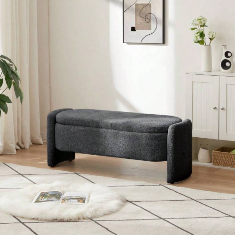 Ottoman Oval Storage 3D Lamb Fleece Fabric with Large Storage Space Living Room, Entryway and Bedroom, Dark,