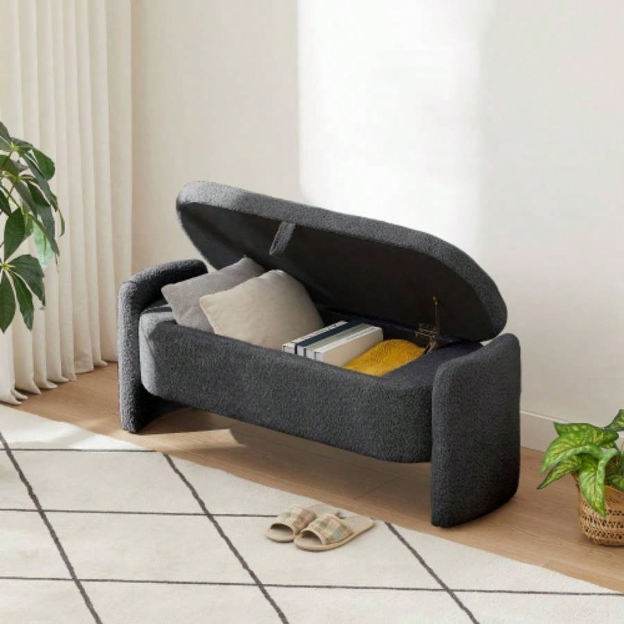 Ottoman Oval Storage 3D Lamb Fleece Fabric with Large Storage Space Living Room, Entryway and Bedroom, Dark,