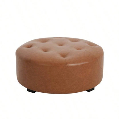 Upholstered Button Tufted Round Ottoman, PU, Orange Brown
