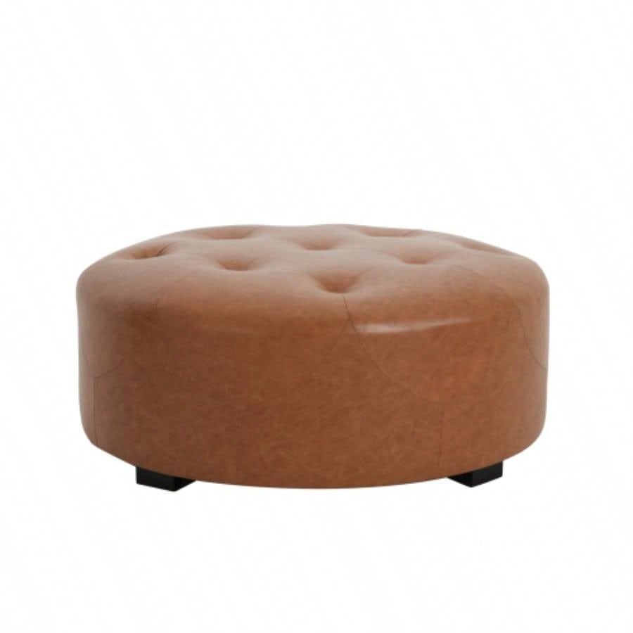 Upholstered Button Tufted Round Ottoman, PU, Orange Brown