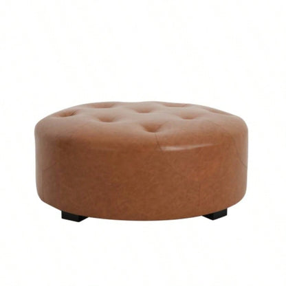 Upholstered Button Tufted Round Ottoman, PU, Orange Brown