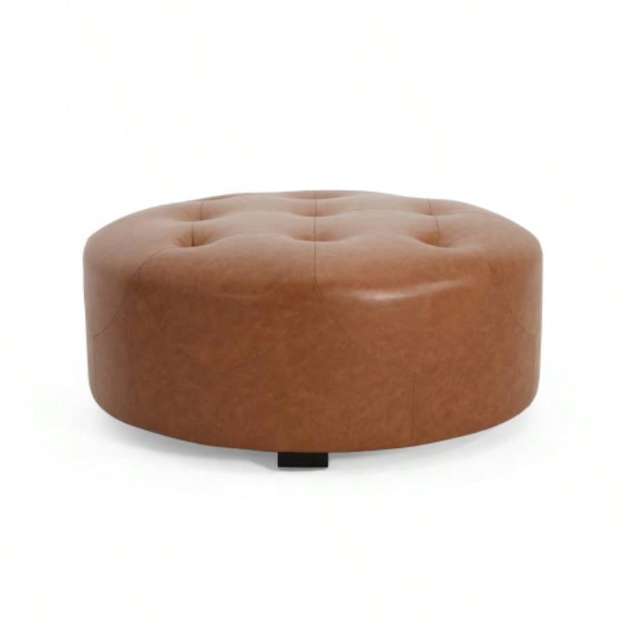 Upholstered Button Tufted Round Ottoman, PU, Orange Brown