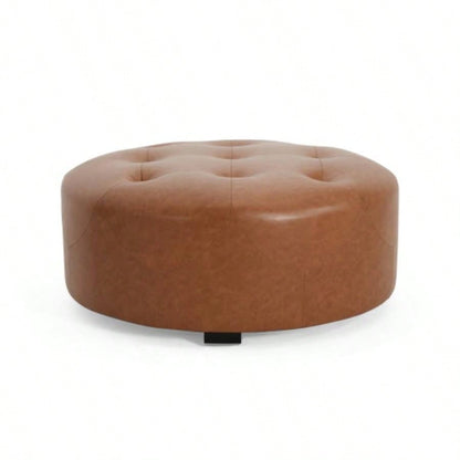 Upholstered Button Tufted Round Ottoman, PU, Orange Brown