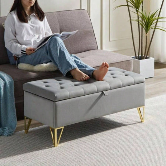 Fashion light Velvet Fabric Upholstered large storage rectangular Entryway, Bedroom end of Bed. foot of Bed, sofa living room. Gold feet stainless steel
