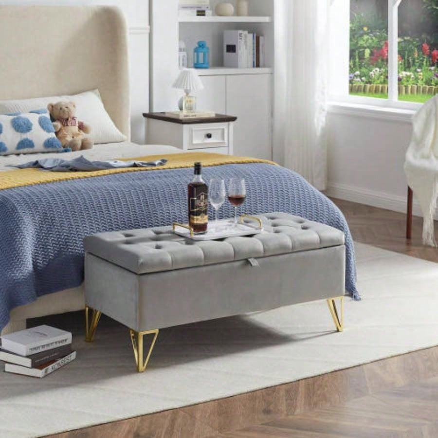 Fashion light Velvet Fabric Upholstered large storage rectangular Entryway, Bedroom end of Bed. foot of Bed, sofa living room. Gold feet stainless steel