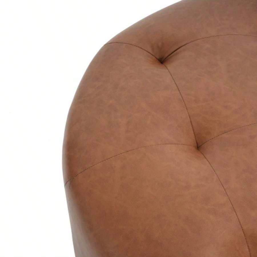 Upholstered Button Tufted Round Ottoman, PU, Orange Brown