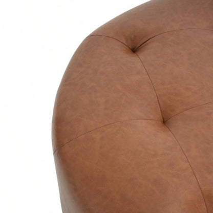 Upholstered Button Tufted Round Ottoman, PU, Orange Brown