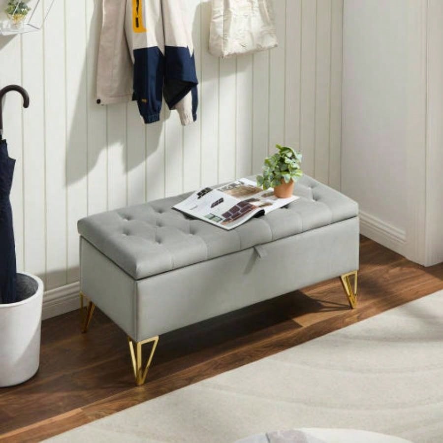 Fashion light Velvet Fabric Upholstered large storage rectangular Entryway, Bedroom end of Bed. foot of Bed, sofa living room. Gold feet stainless steel