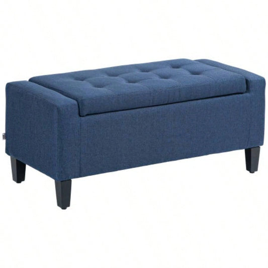 HOMCOM Storage Ottoman, Linen Upholstered Storage with Lift Top and Button Tufted Living Room, Dark Blue