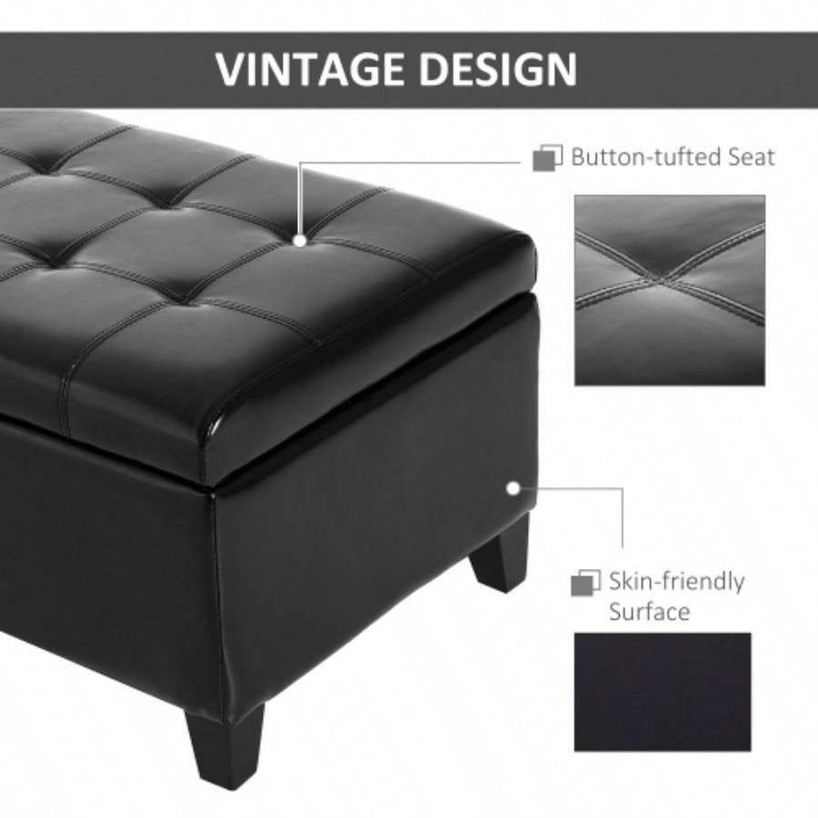 HOMCOM 51 Ottoman Storage, Faux Leather Storage Chest with Lift Top, Tufted Ottoman with Storage Living Room, Entryway, Black