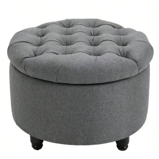 HOMCOM Round Linen - Fabric Storage Footstool Ottoman Button Tufted Footrest with Removable Lid,