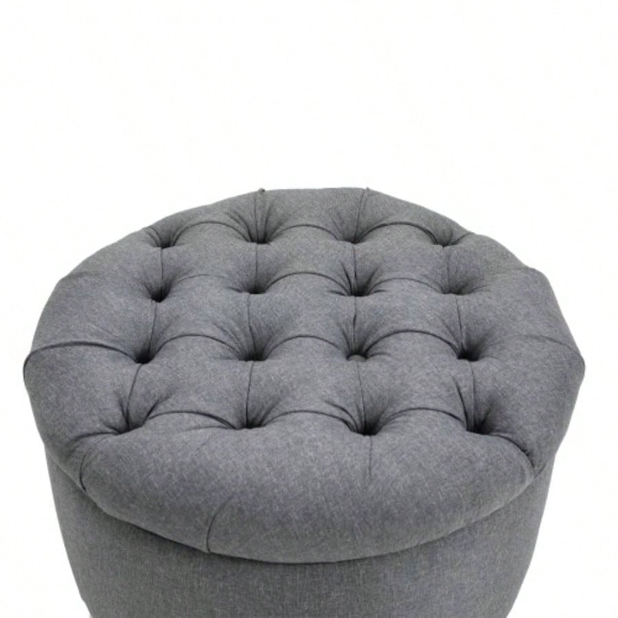HOMCOM Round Linen - Fabric Storage Footstool Ottoman Button Tufted Footrest with Removable Lid,