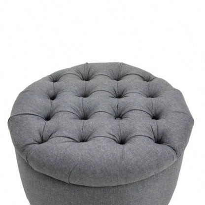 HOMCOM Round Linen - Fabric Storage Footstool Ottoman Button Tufted Footrest with Removable Lid,