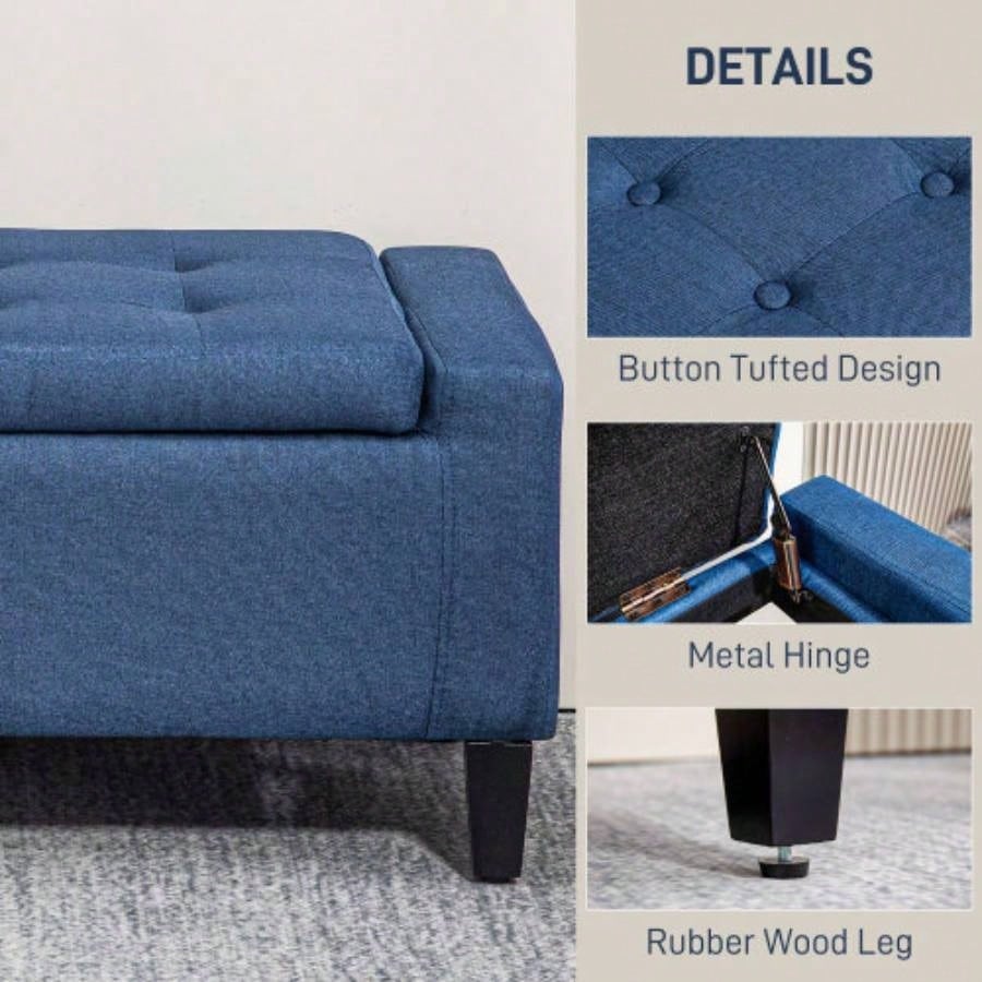 HOMCOM Storage Ottoman, Linen Upholstered Storage with Lift Top and Button Tufted Living Room, Dark Blue