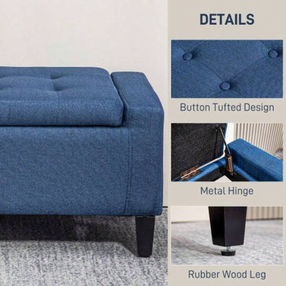 HOMCOM Storage Ottoman, Linen Upholstered Storage with Lift Top and Button Tufted Living Room, Dark Blue