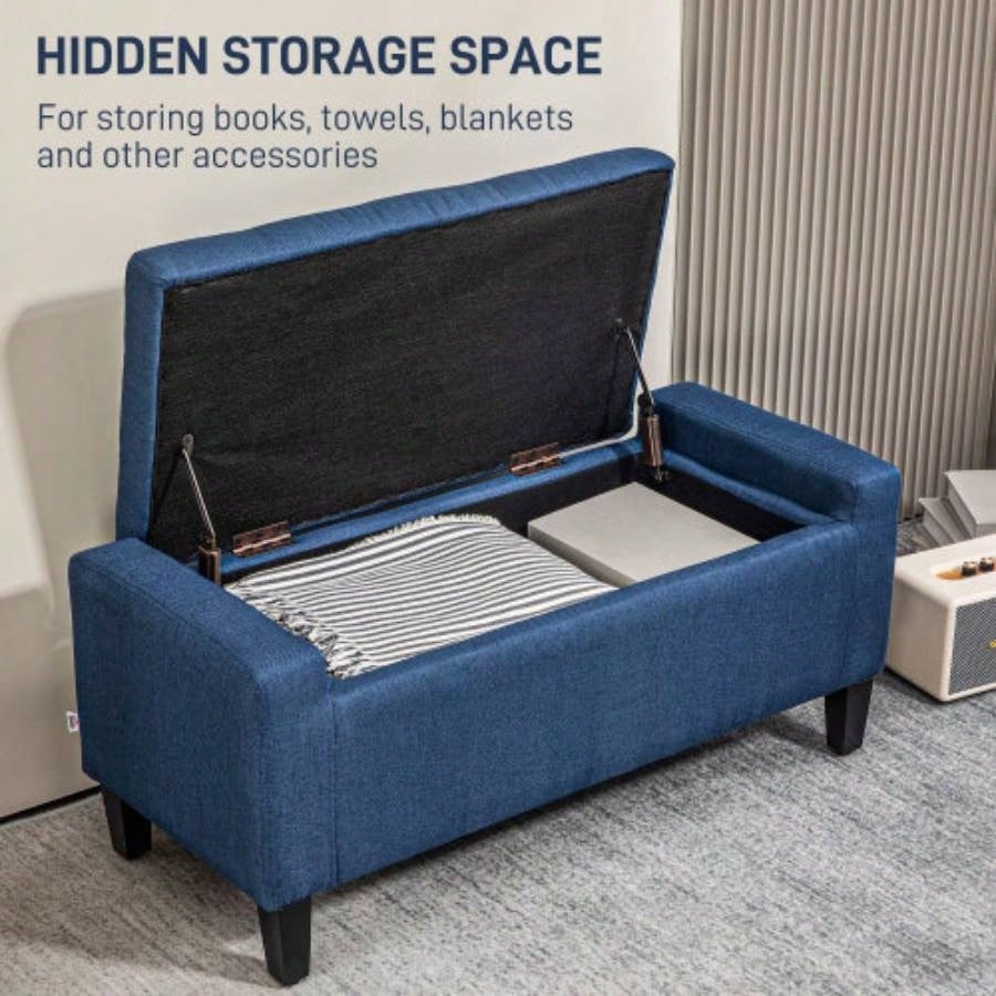 HOMCOM Storage Ottoman, Linen Upholstered Storage with Lift Top and Button Tufted Living Room, Dark Blue
