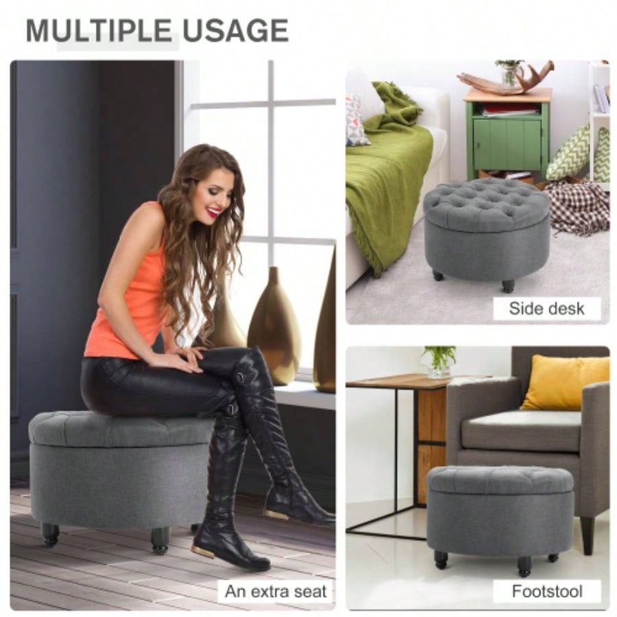 HOMCOM Round Linen - Fabric Storage Footstool Ottoman Button Tufted Footrest with Removable Lid,