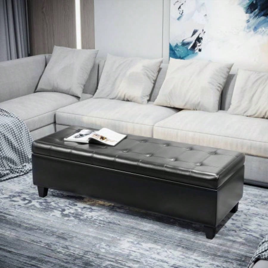 HOMCOM 51 Ottoman Storage, Faux Leather Storage Chest with Lift Top, Tufted Ottoman with Storage Living Room, Entryway, Black