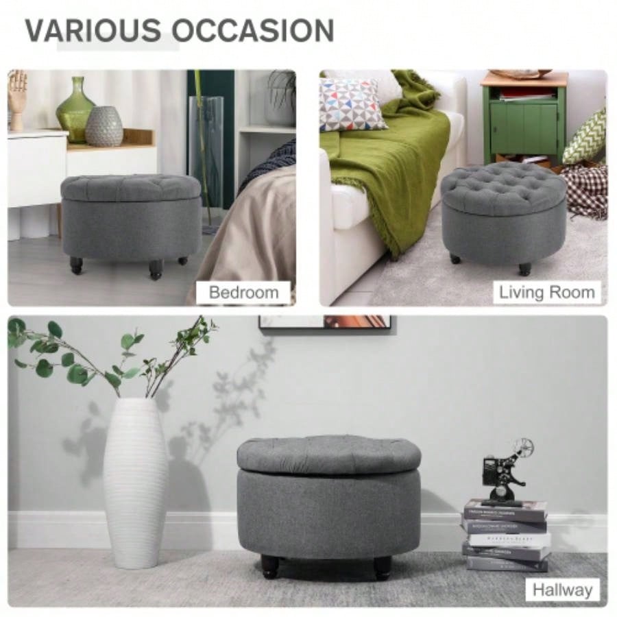 HOMCOM Round Linen - Fabric Storage Footstool Ottoman Button Tufted Footrest with Removable Lid,