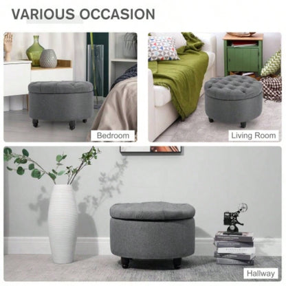 HOMCOM Round Linen - Fabric Storage Footstool Ottoman Button Tufted Footrest with Removable Lid,