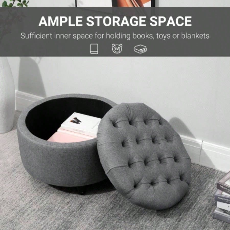 HOMCOM Round Linen - Fabric Storage Footstool Ottoman Button Tufted Footrest with Removable Lid,