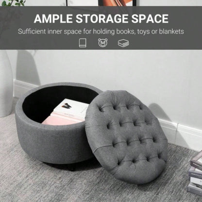 HOMCOM Round Linen - Fabric Storage Footstool Ottoman Button Tufted Footrest with Removable Lid,