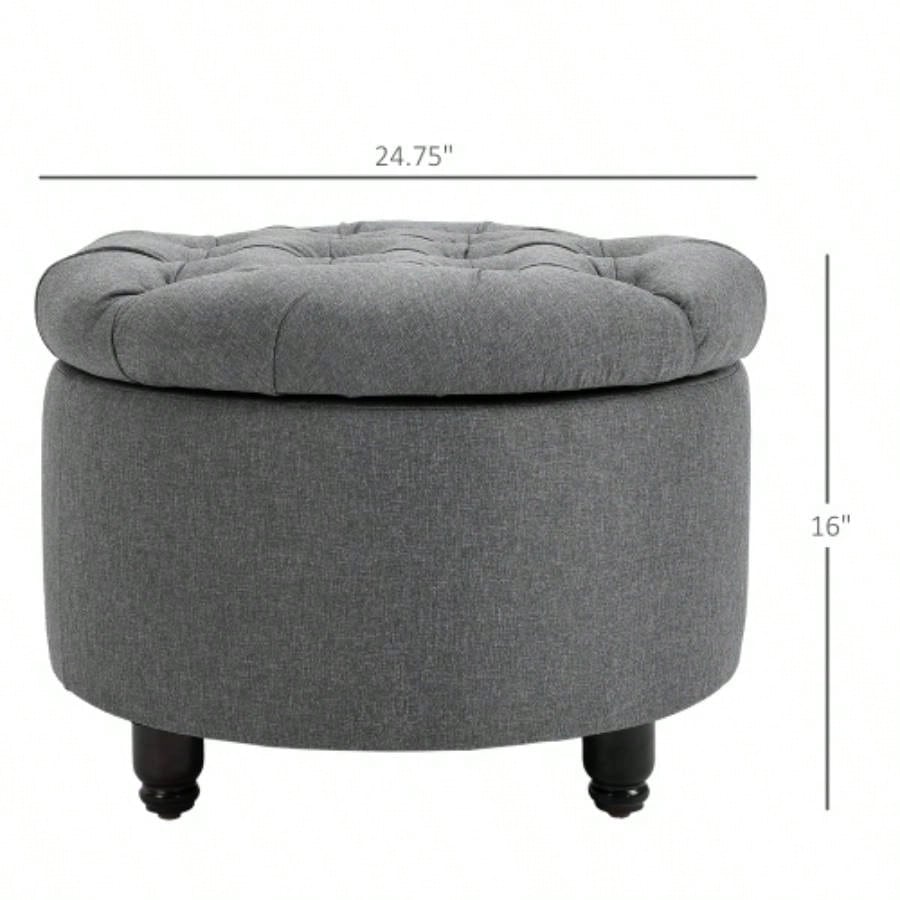 HOMCOM Round Linen - Fabric Storage Footstool Ottoman Button Tufted Footrest with Removable Lid,