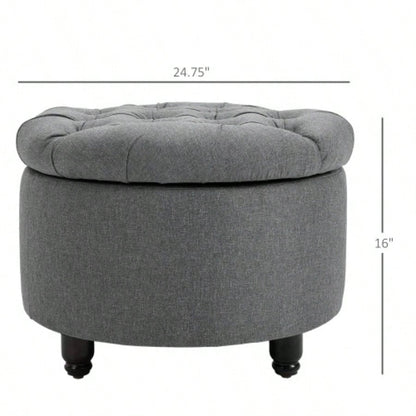 HOMCOM Round Linen - Fabric Storage Footstool Ottoman Button Tufted Footrest with Removable Lid,