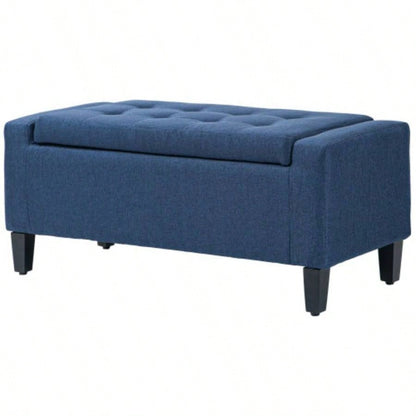 HOMCOM Storage Ottoman, Linen Upholstered Storage with Lift Top and Button Tufted Living Room, Dark Blue