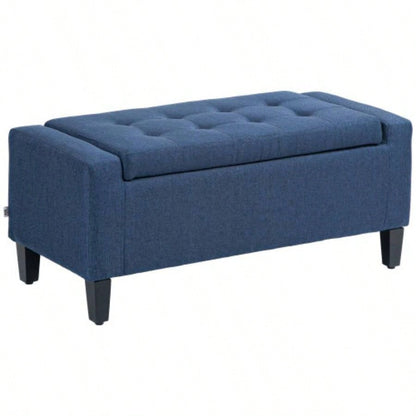 HOMCOM Storage Ottoman, Linen Upholstered Storage with Lift Top and Button Tufted Living Room, Dark Blue