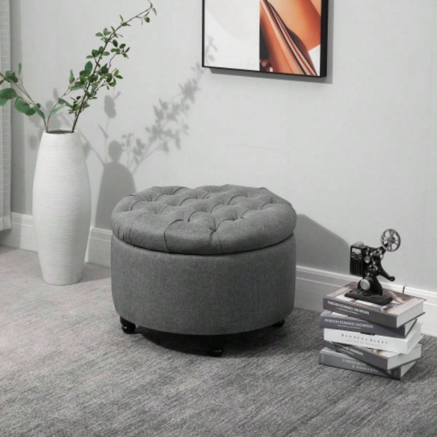 HOMCOM Round Linen - Fabric Storage Footstool Ottoman Button Tufted Footrest with Removable Lid,