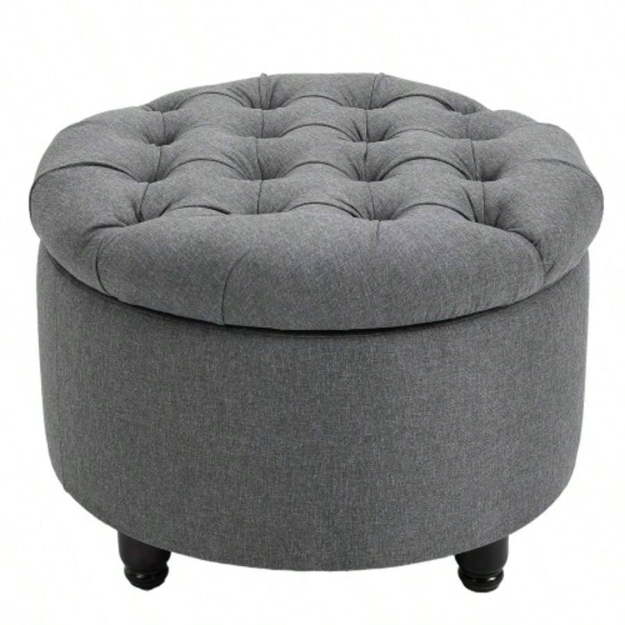 HOMCOM Round Linen - Fabric Storage Footstool Ottoman Button Tufted Footrest with Removable Lid,