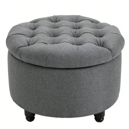 HOMCOM Round Linen - Fabric Storage Footstool Ottoman Button Tufted Footrest with Removable Lid,