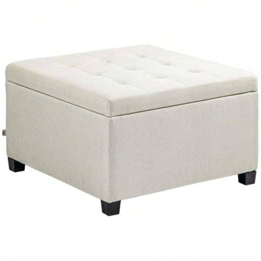 HOMCOM Fabric Tufted Storage Ottoman with Flip Top Lid, Metal Hinge and Stable Eucalyptus Wood Frame Living Room, Entryway, or Bedroom, Beige