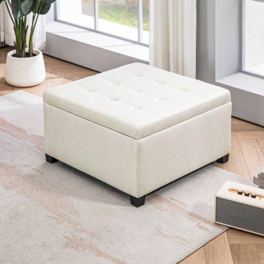 HOMCOM Fabric Tufted Storage Ottoman with Flip Top Lid, Metal Hinge and Stable Eucalyptus Wood Frame Living Room, Entryway, or Bedroom, Beige