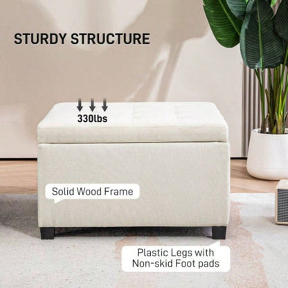 HOMCOM Fabric Tufted Storage Ottoman with Flip Top Lid, Metal Hinge and Stable Eucalyptus Wood Frame Living Room, Entryway, or Bedroom, Beige