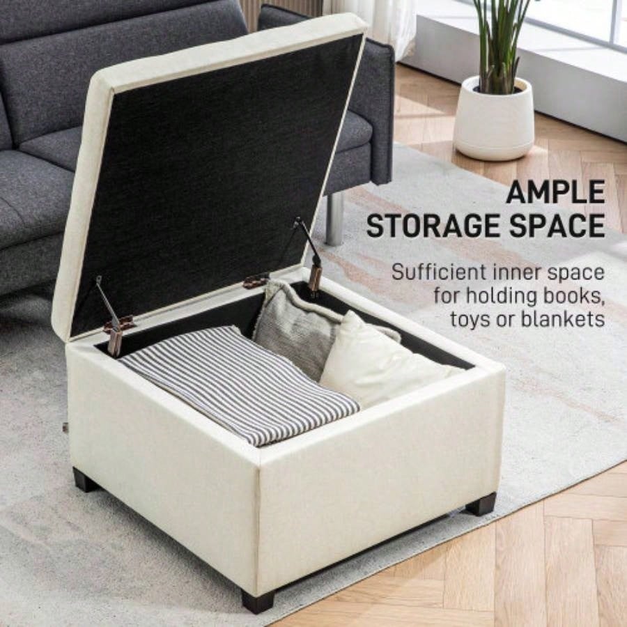 HOMCOM Fabric Tufted Storage Ottoman with Flip Top Lid, Metal Hinge and Stable Eucalyptus Wood Frame Living Room, Entryway, or Bedroom, Beige