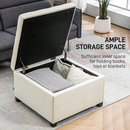 HOMCOM Fabric Tufted Storage Ottoman with Flip Top Lid, Metal Hinge and Stable Eucalyptus Wood Frame Living Room, Entryway, or Bedroom, Beige