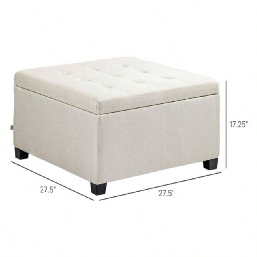 HOMCOM Fabric Tufted Storage Ottoman with Flip Top Lid, Metal Hinge and Stable Eucalyptus Wood Frame Living Room, Entryway, or Bedroom, Beige
