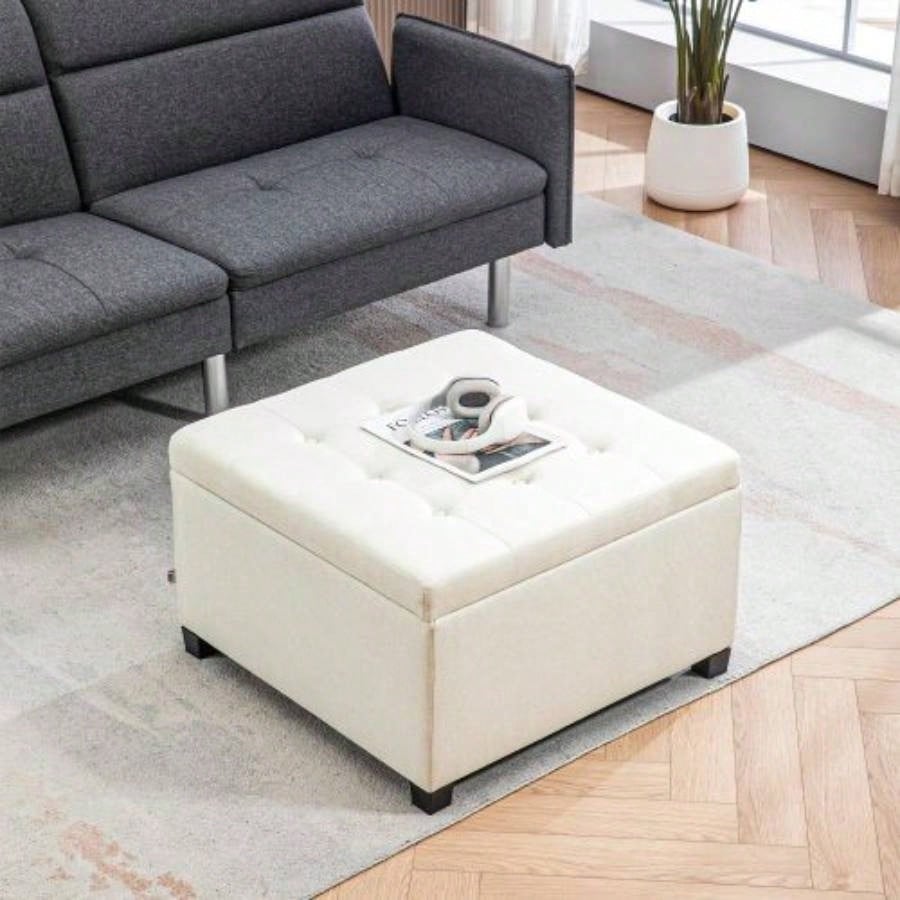 HOMCOM Fabric Tufted Storage Ottoman with Flip Top Lid, Metal Hinge and Stable Eucalyptus Wood Frame Living Room, Entryway, or Bedroom, Beige