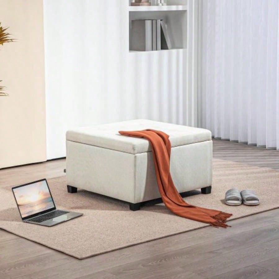 HOMCOM Fabric Tufted Storage Ottoman with Flip Top Lid, Metal Hinge and Stable Eucalyptus Wood Frame Living Room, Entryway, or Bedroom, Beige