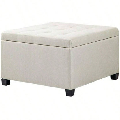 HOMCOM Fabric Tufted Storage Ottoman with Flip Top Lid, Metal Hinge and Stable Eucalyptus Wood Frame Living Room, Entryway, or Bedroom, Beige