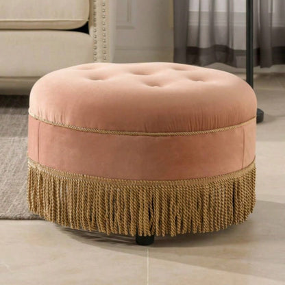 Yolanda 24 Round Upholstered Accent Ottoman, Peach Orange Velvet with Gold Trim