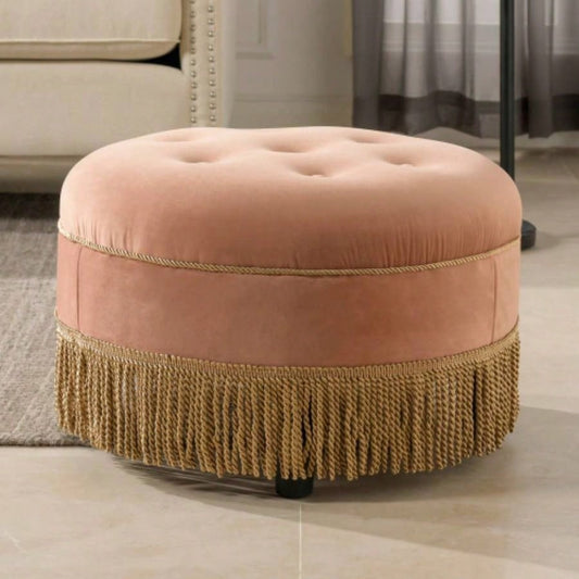 Yolanda 24 Round Upholstered Accent Ottoman, Peach Orange Velvet with Gold Trim