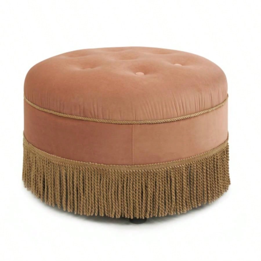 Yolanda 24 Round Upholstered Accent Ottoman, Peach Orange Velvet with Gold Trim