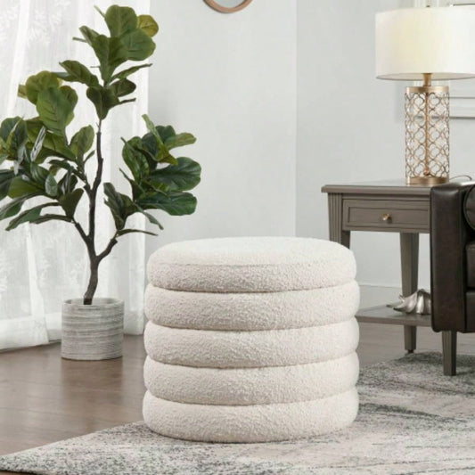 19 Oversized Round Storage Ottoman, Ivory White Boucle